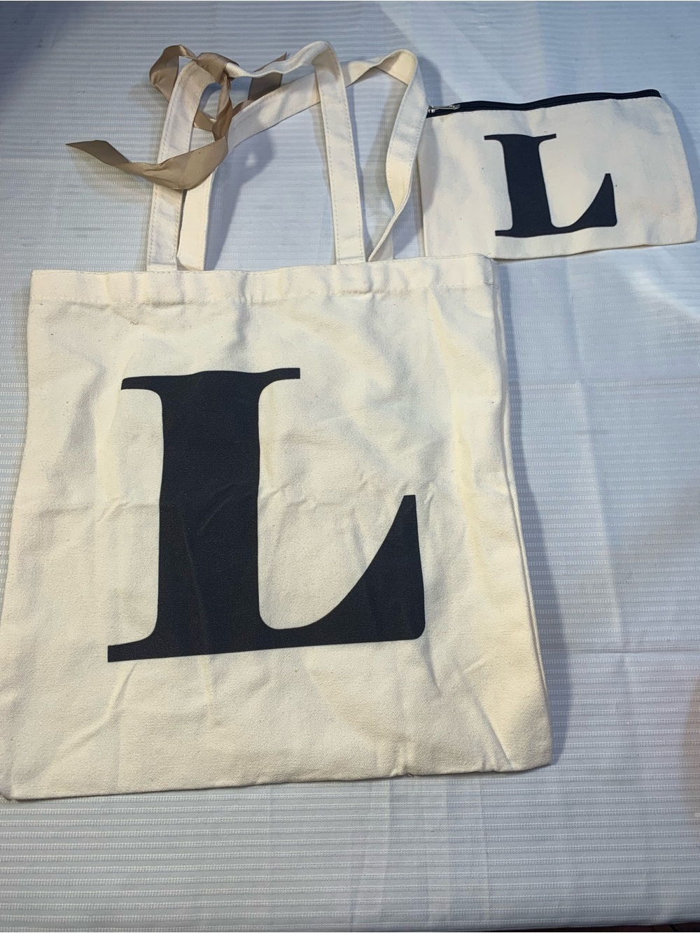 Canvas Initial Tote Bag with Matching Pouch - Large 'L'